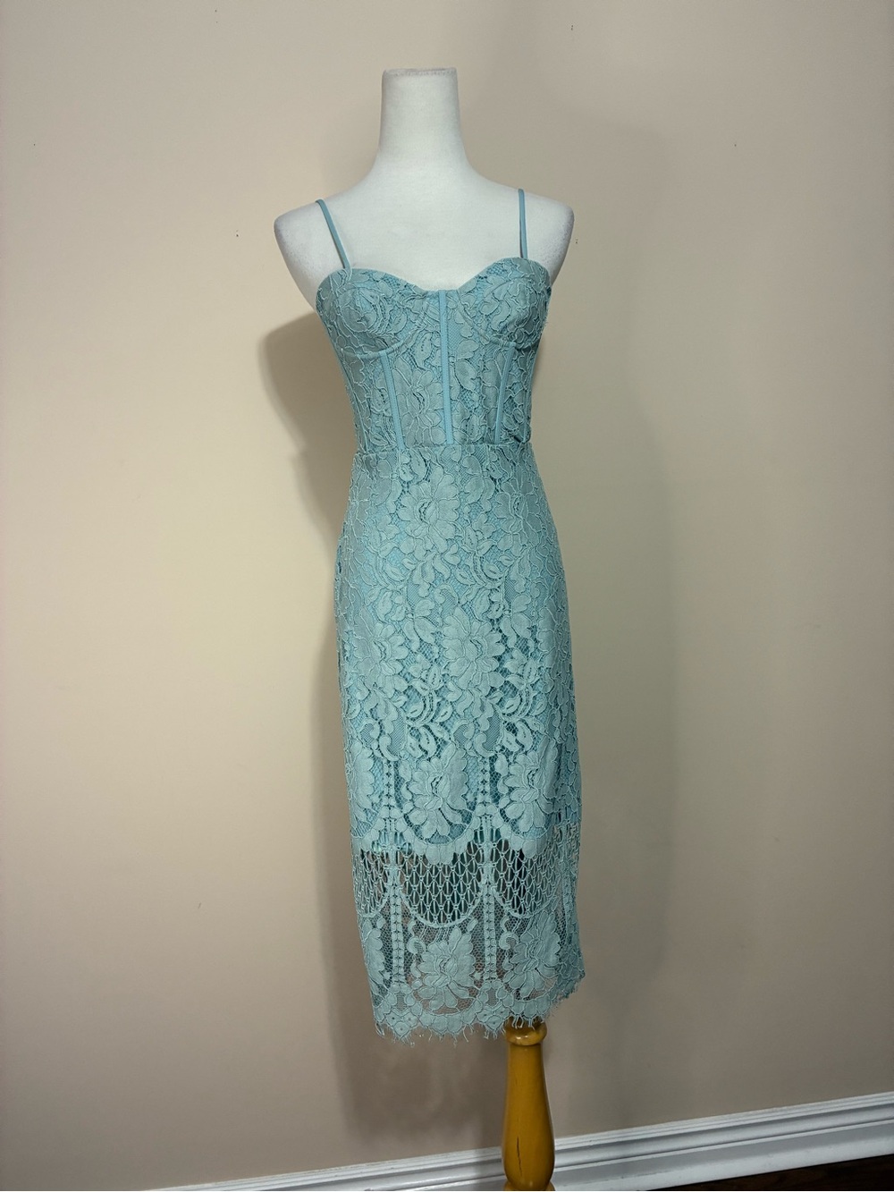 Bardot “Florence” Cool Mint Midi Lace Dress with Corset Bodice